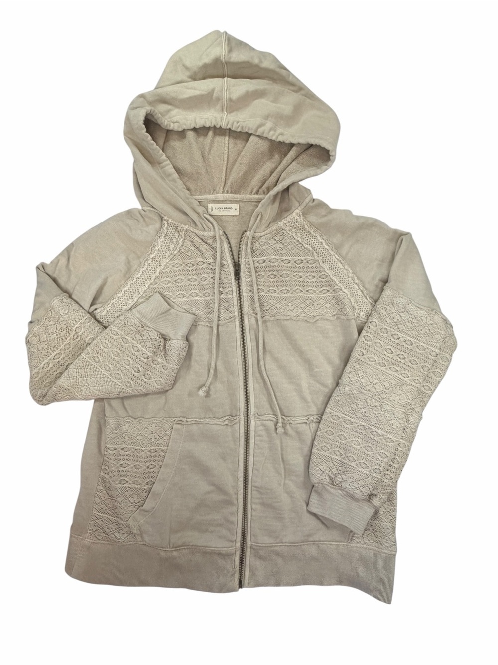 Lucky Brand Cream Lace-Panel Zip Hoodie